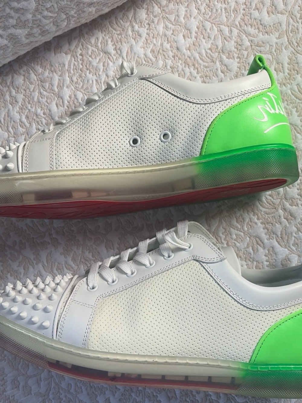 Christian Louboutin White Sneakers with Neon Green Heel Accent